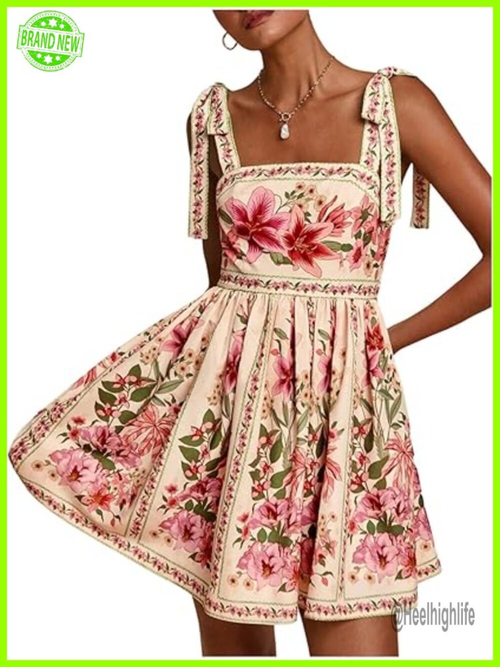 Sleeveless Tie Shoulder Floral Mini Dress Square Neck Ruffle Hem - Picture 1 of 6